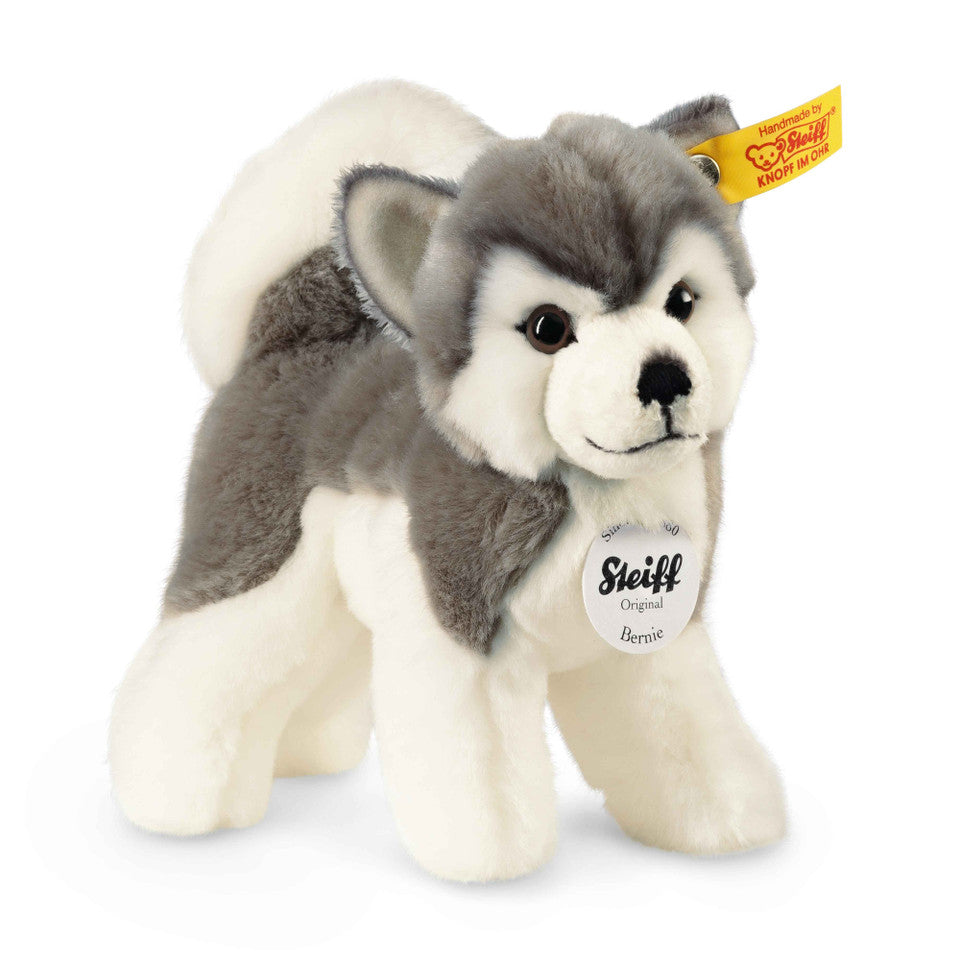 Husky Bernie plush dog with soft grey and white fur, friendly face, and soulful eyes, Steiff original collectible toy.