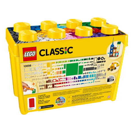 Classic Large Creative Brick Box with 790 colorful LEGO bricks, windows, doors, wheels, baseplates, and storage container.