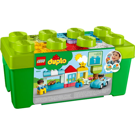 LEGO Duplo Brick Box with colorful toddler-friendly bricks, car, figures, and number-learning pieces in a green storage box.