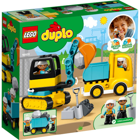 Duplo Truck & Track Excavator toy set with construction figures, push-along truck, rotating digger, and toy boulder for toddlers.