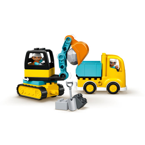 LEGO DUPLO Truck & Track Excavator with figures, rotating digger, tip truck, and construction tools for toddlers.