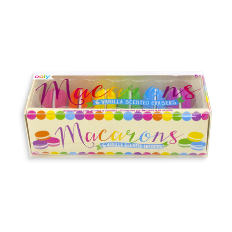 Macarons Vanilla-Scented Erasers set of six colorful pastry-shaped erasers with vanilla scent in clear packaging.
