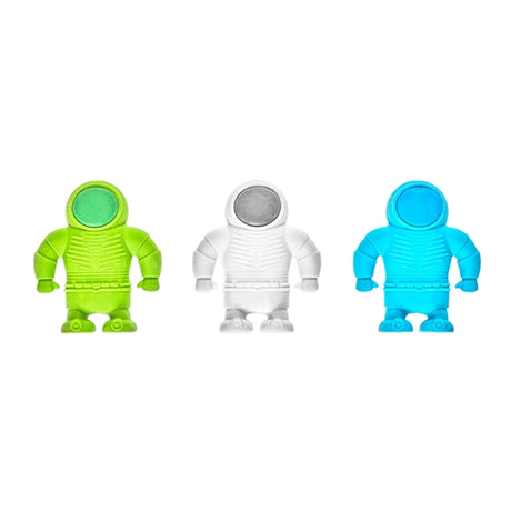 Astronaut Erasers set of three colorful space-themed pencil erasers in green, white, and blue for kids and students.