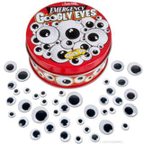Emergency Googly Eyes tin with 20 pairs of sticky-backed plastic eyes in various sizes for fun decoration.