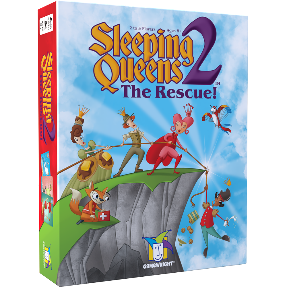 Sleeping Queens 2: The Rescue! game box featuring colorful queens rescuing a king with a rope on a cliff.