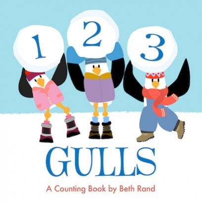 123 Gulls shows three playful seagulls holding snowballs numbered 1, 2, and 3 in a winter setting.