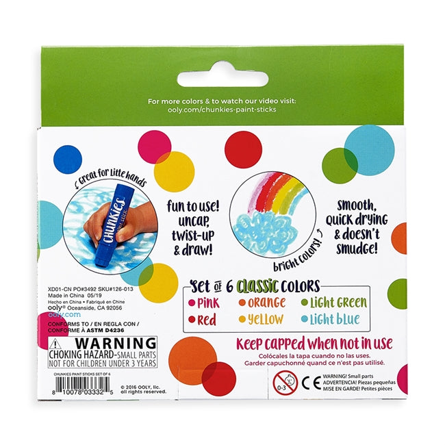 Chunkies Paint Sticks starter set with 6 classic quick-drying paint sticks in travel-friendly packaging.