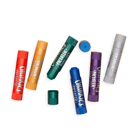 Chunkies Paint Sticks Metallic six bright metallic paint sticks in colorful thick barrels with caps off on white background