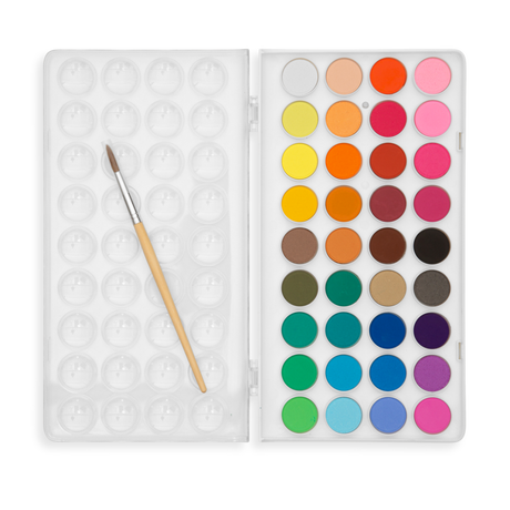Lil' Watercolor Paint Pods showing 36 vibrant colors with a fine-tipped brush and reusable case opened flat.