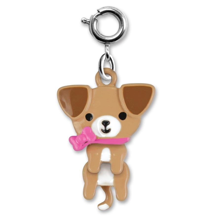 Swivel Puppy Charm featuring a cute enamel puppy with pink bow, perfect for bracelets or necklaces.