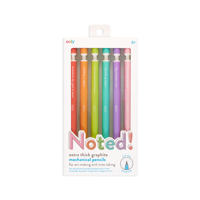 Noted Extra Thick Graphite Mechanical Pencils set with six colorful barrels and inspiring messages for writing and sketching.