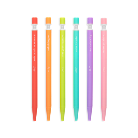 Noted Extra Thick Graphite Mechanical Pencils six colorful barrels with inspiring messages for writing or sketching fun.