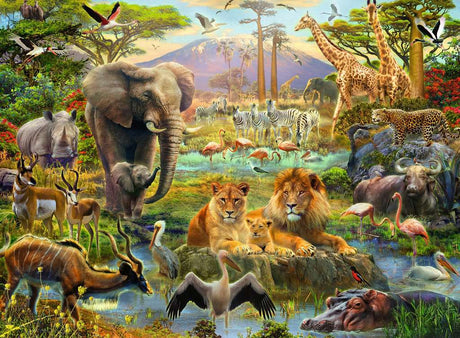 200pc Animals of the Savannah Puzzle showing lions, elephants, giraffes, zebras, and other savannah wildlife in a vibrant scene.