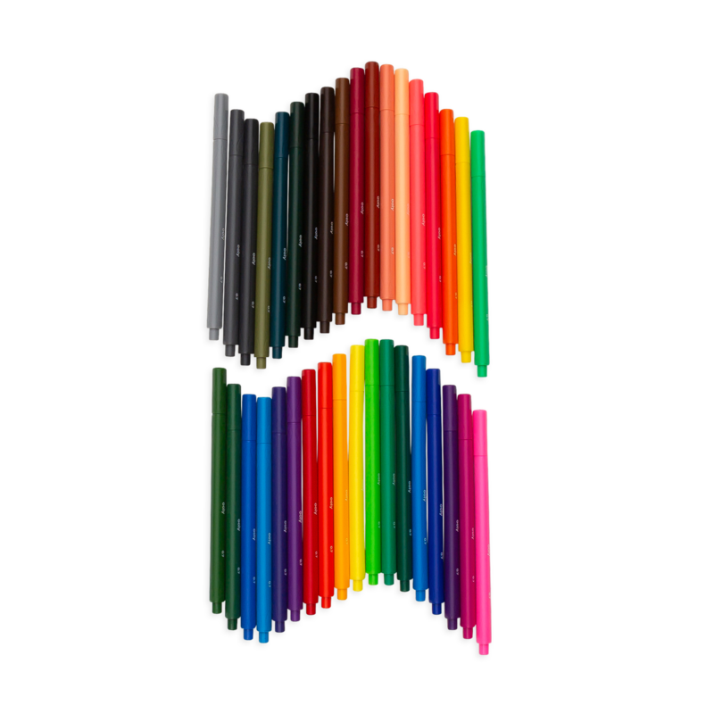 Seriously Fine Felt Tip Markers set of 36 vibrant colored pens with ergonomic triangular barrels for detailed adult coloring.