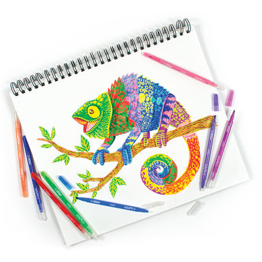Switch-Eroo Color Changing Markers with vibrant chameleon drawing showcasing color change and chiseled tip markers on sketchpad.