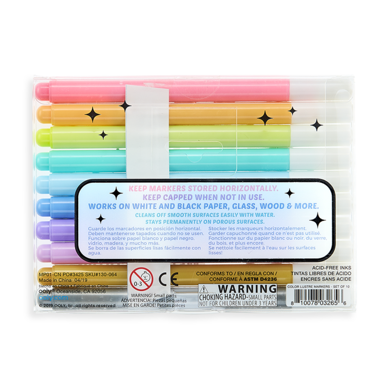 Color Lustre Metallic Brush Markers set with 10 bright shimmering metallic colors in brush tip pens.