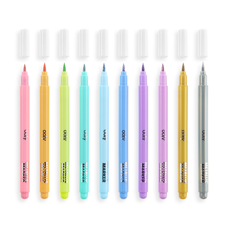 Color Lustre Metallic Brush Markers showing 10 bright shimmering metallic brush tip markers with caps off.