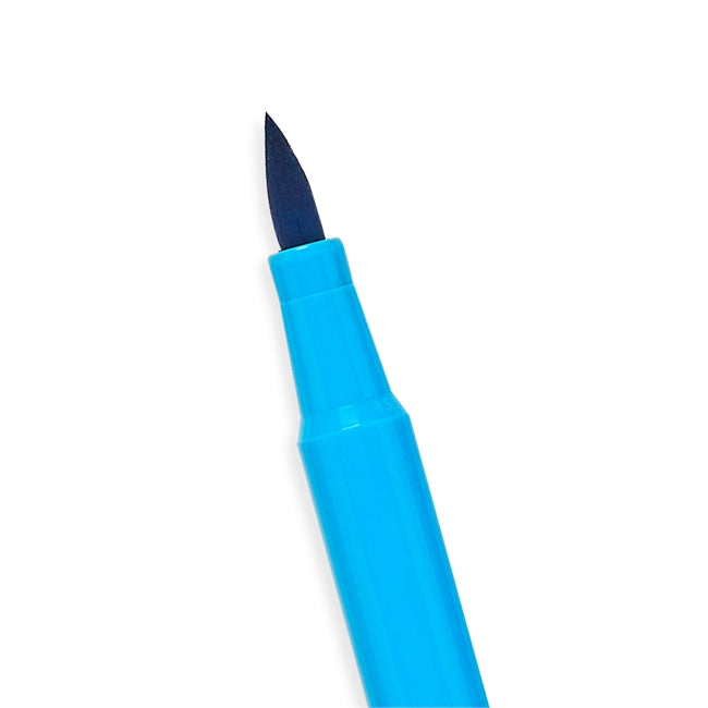 Close-up of a blue Brilliant Brush Marker showing its soft, long brush tip for detailed and broad strokes.