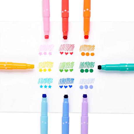 Confetti Stamp Markers showing colorful fine tip drawings and stamped confetti shapes of stars, hearts, and dots.