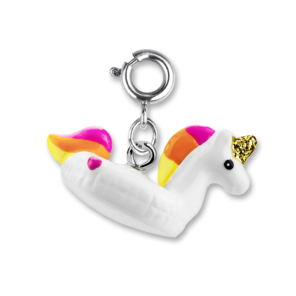 Rainbow Unicorn Float Charm with enamel, glitter, and poly resin details, perfect for pool party fun.