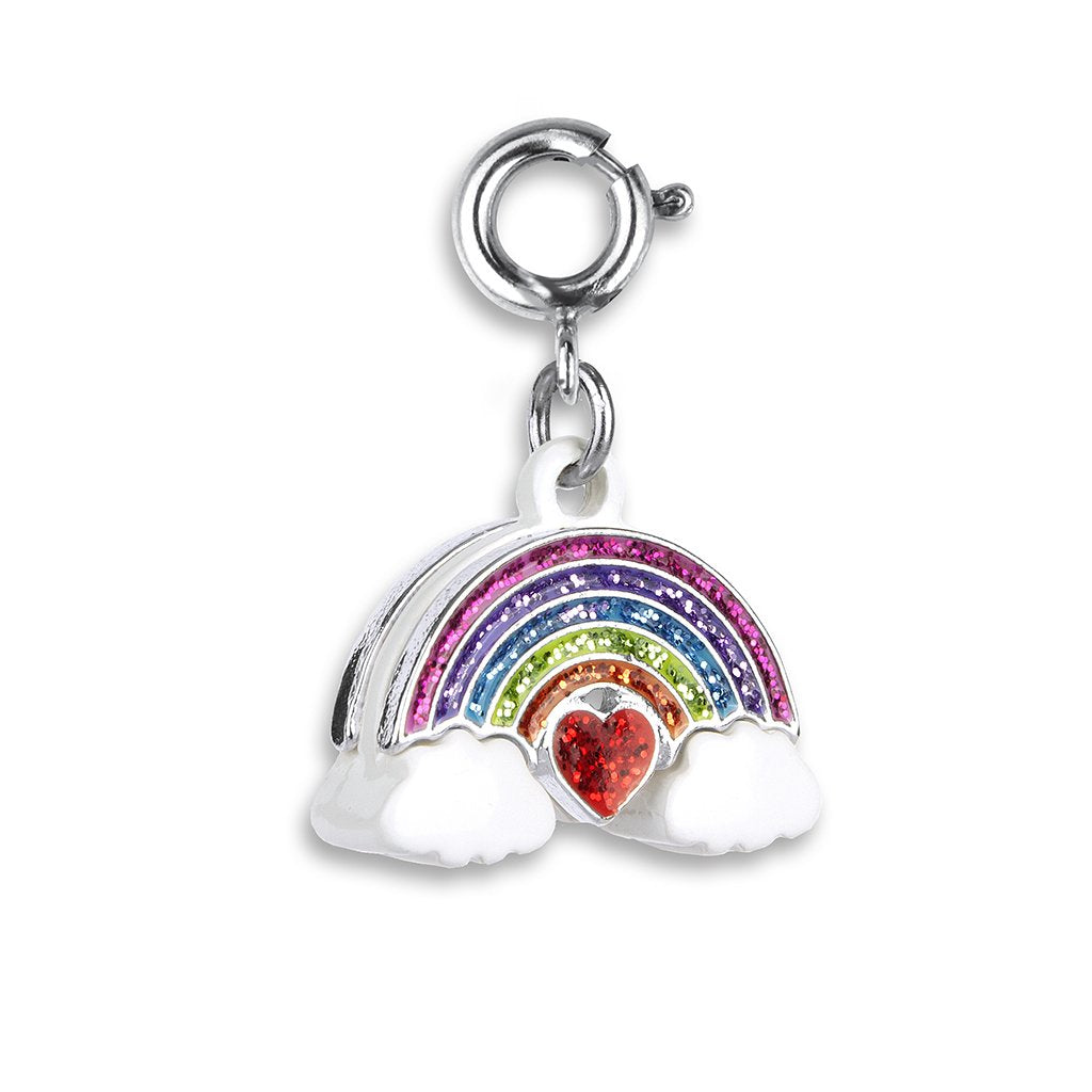 Glitter Rainbow Charm featuring a colorful glittered rainbow with clouds and a red heart charm accessory.