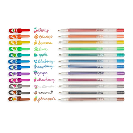 Yummy Yummy Scented Glitter Gel Pens set with vibrant fruity colors and matching scented glitter ink for artistic sparkle.