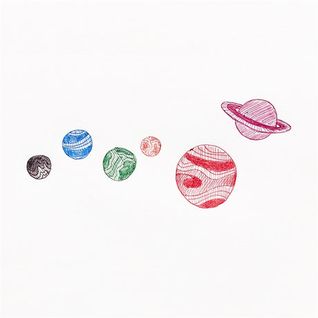 Drawing of colorful planets made with different ink colors from the 6-in-1 Astronaut Pen.