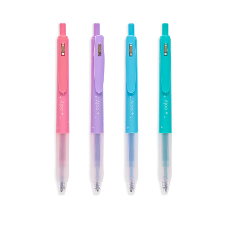 Oh My Glitter Gel Pens set showing four retractable glitter gel pens in pink, purple, blue, and teal colors.