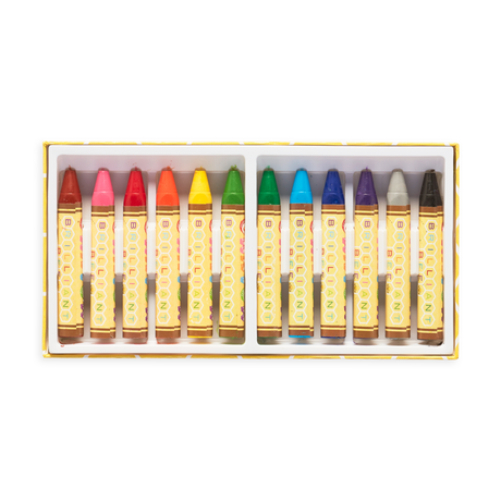 Brilliant Bee Crayons set with ergonomic triangle crayons in vibrant colors for smooth coloring on paper and black paper.