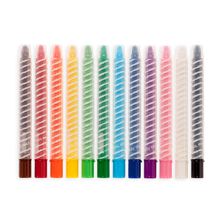 Twelve vibrant colors of Twisty Stix Oil Pastels in twist-up cases for clean, easy use and blending.