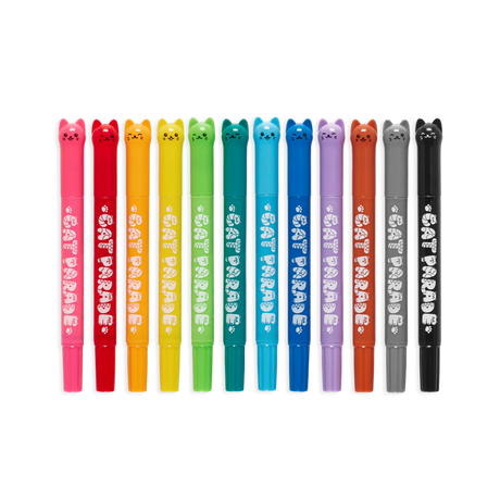 Cat Parade Twist-Up Watercolor Gel Crayons set of 12 with kitten-faced caps and bright, smooth coloring barrels.