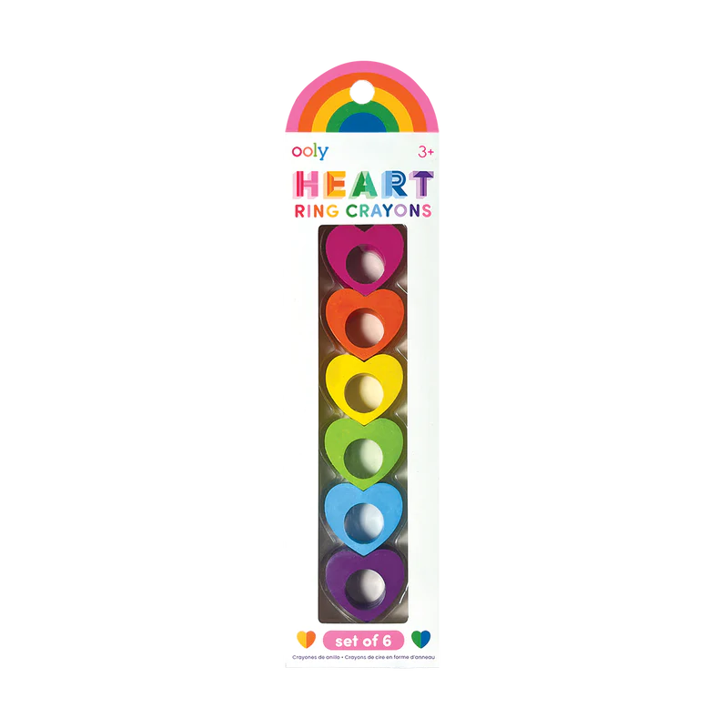 Heart Ring Crayons pack of six colorful heart-shaped wearable crayon rings in pink, orange, yellow, green, blue, and purple.