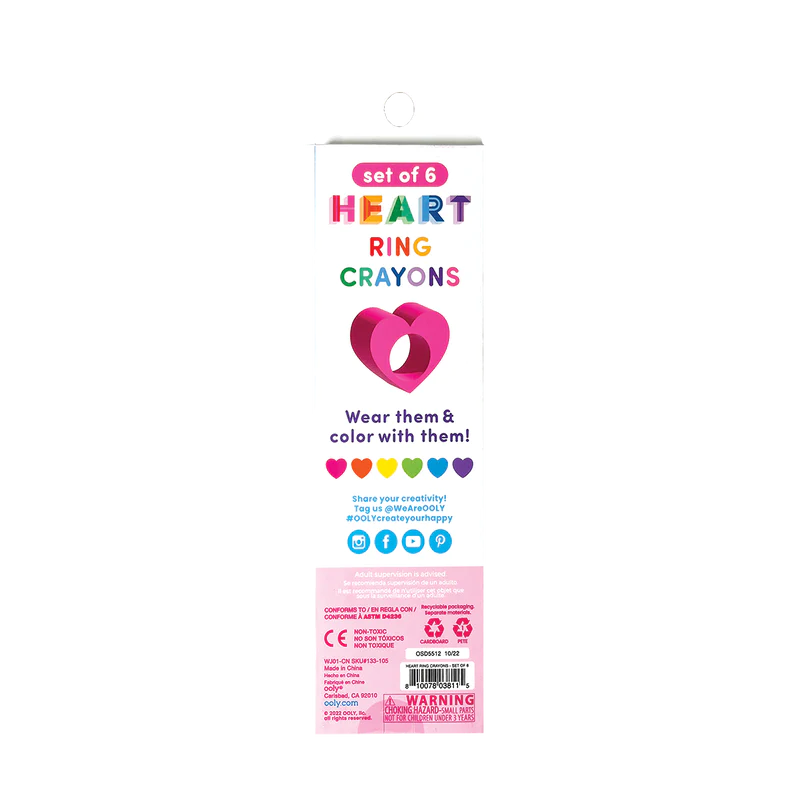 Heart Ring Crayons pack of six colorful wearable heart-shaped crayons for creative kids aged 3 and up.