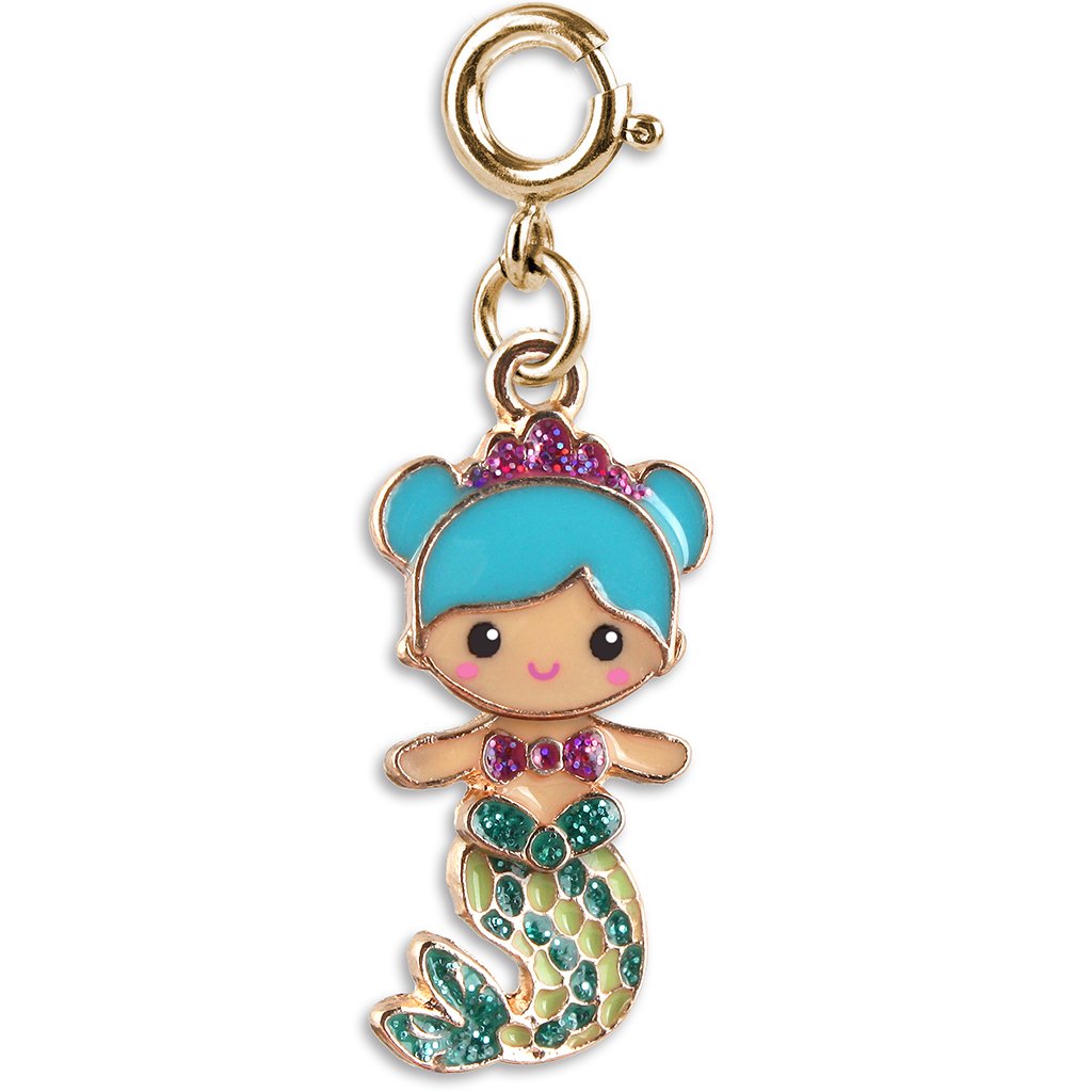 Swivel Mermaid Gold Charm featuring blue hair, enamel, and base metal with sparkling gemstone details.