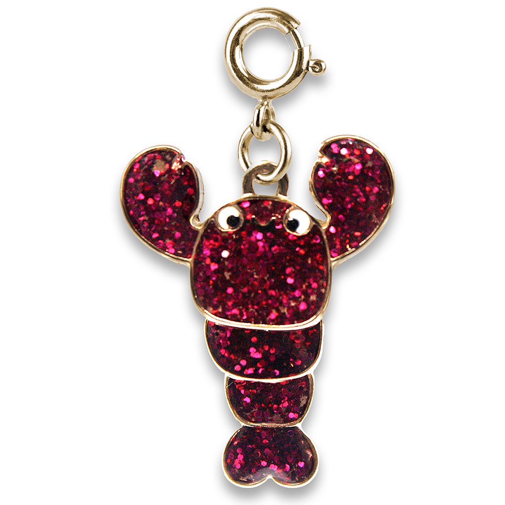 Gold Swivel Glitter Lobster Charm with pink glitter enamel and swivel lobster clasp for bracelets or necklaces.