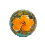 Marble Cosmos handmade medium marble with pale blue base and yellow-orange flower decoration, 0.9 inches diameter.
