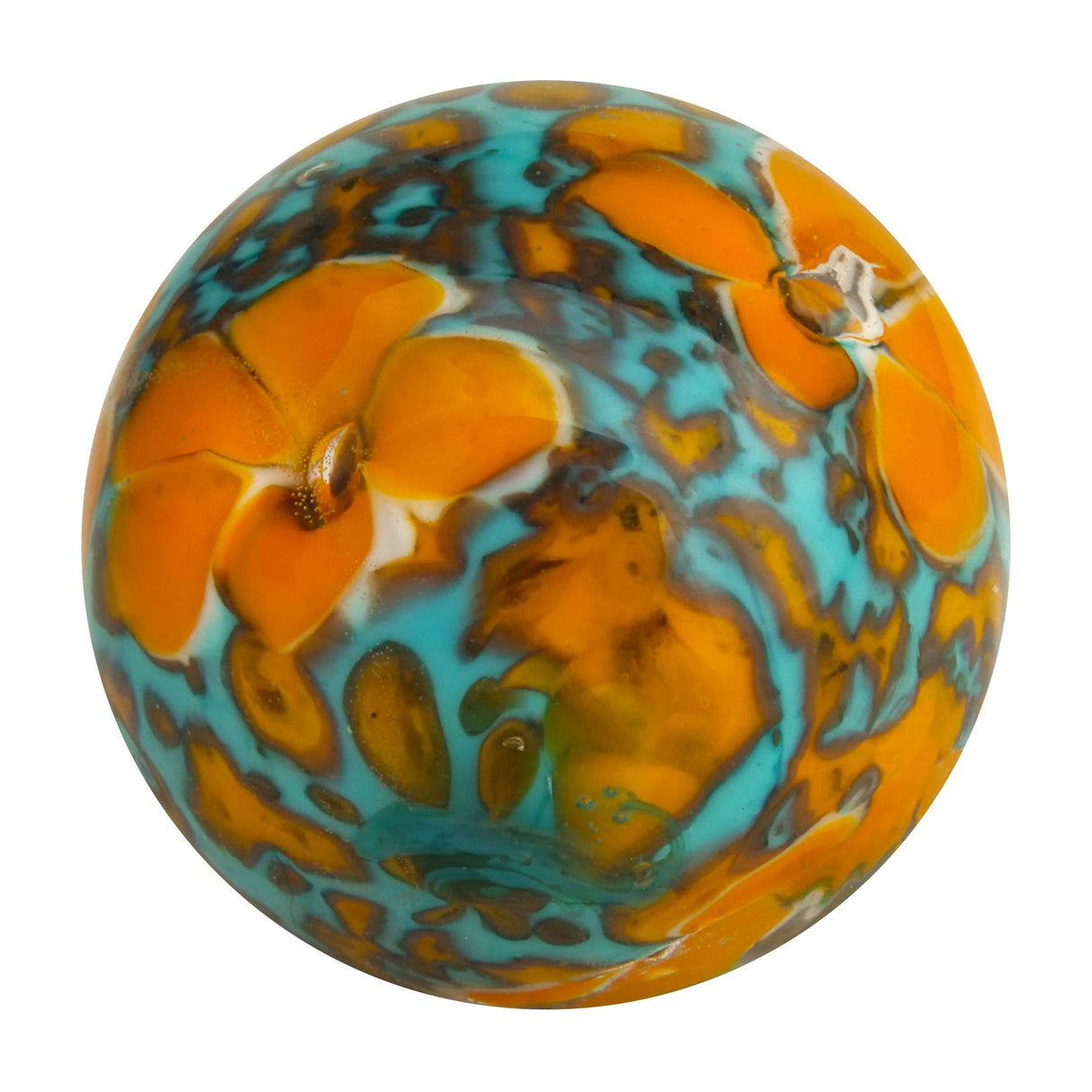 Marble Cosmos medium pale blue marble with yellow orange flower decorations, handmade and unique design.