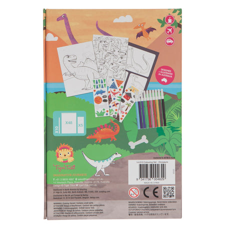 Coloring Set | Dinosaurs with 48 pages, markers, stickers, and storage drawers featuring dinosaur illustrations for creative play.