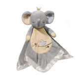 Blankie Snuggler Elephant soft gray plush toy with embroidered bird and patterned ears for baby comfort and cuddles.
