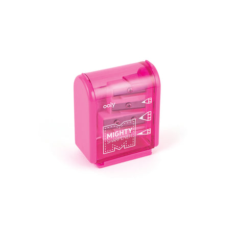Compact pink Mighty Sharpener with three hole sizes and large shavings reservoir, perfect for on-the-go sharpening.