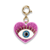 Lucky Eye Gold Charm with enamel blue eye and pink glitter heart, perfect good luck accessory for bracelets or necklaces.