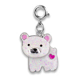 Gold Glitter Polar Bear Charm with enamel and glitter details, featuring a cute pink heart and silver clasp.