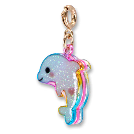 Gold Tie Dye Dolphin Charm with glitter enamel and gold-tone base metal, perfect for adding peace and good vibes.