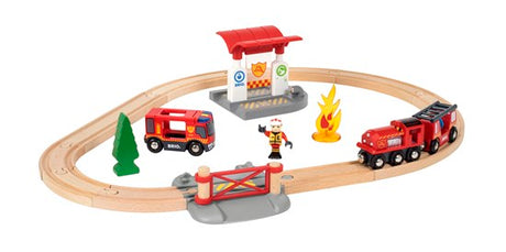 Rescue Firefighter Set with wooden tracks, fire truck, fire train, firefighter figure, and fire hose scene for kids.