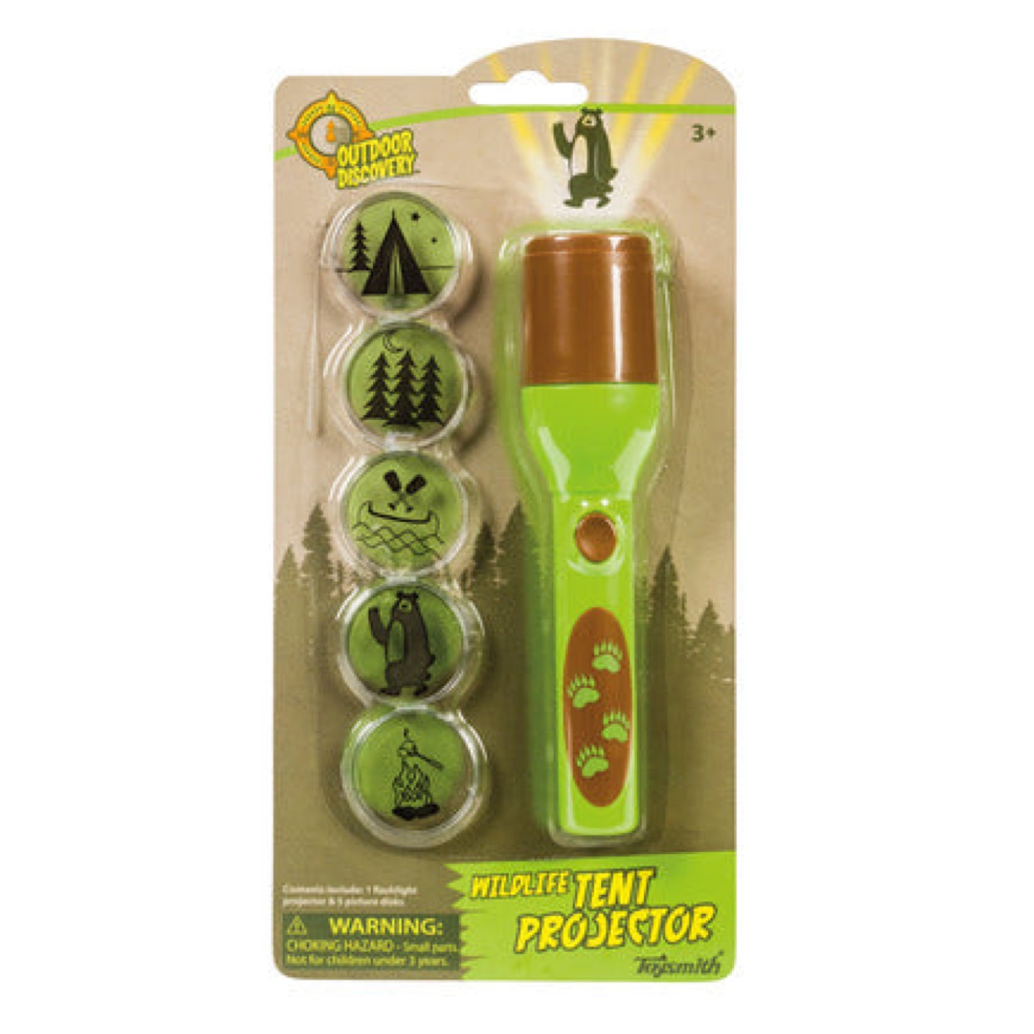 Wildlife Tent Projector with 6" flashlight and 5 image disks for projecting nature scenes during camping.