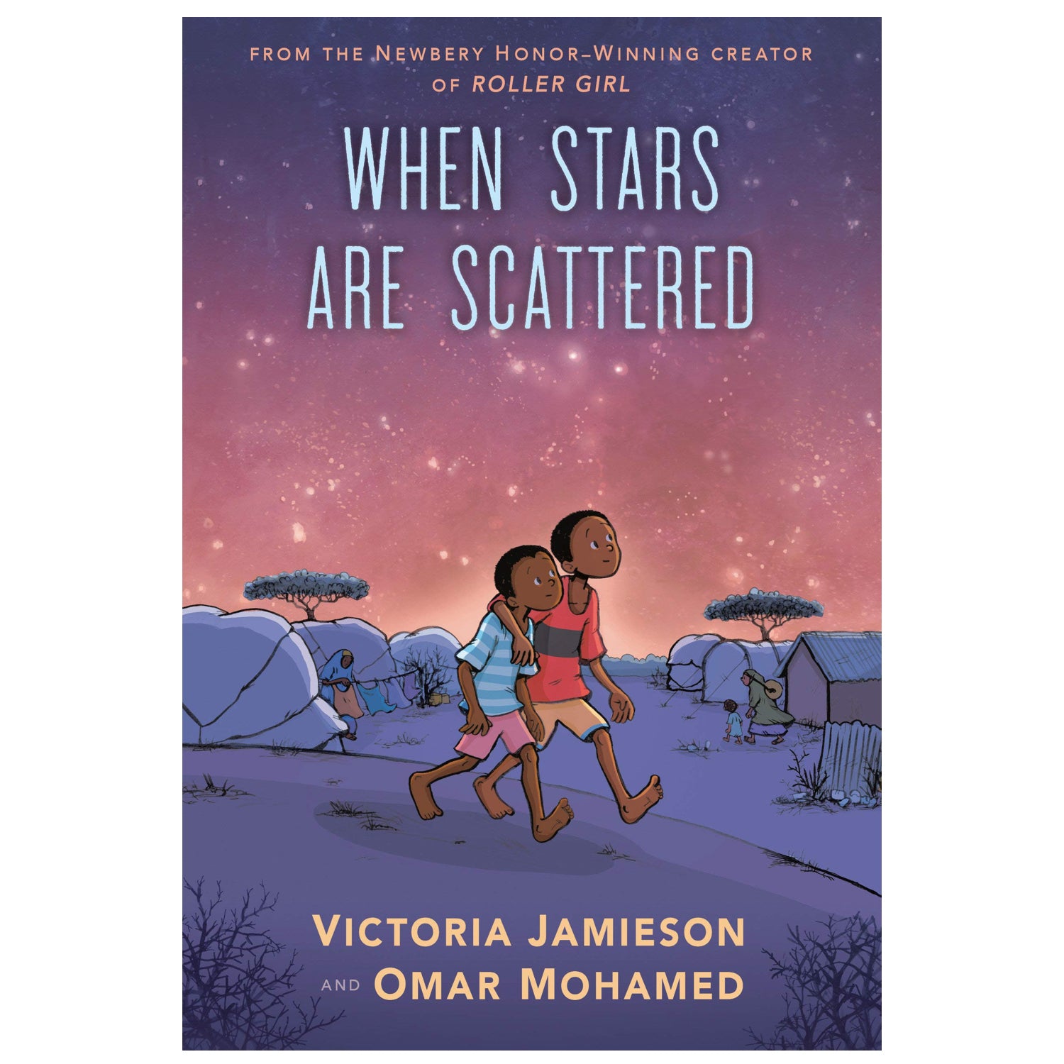 Cover of When Stars Are Scattered showing two boys walking in a refugee camp under a starry sky at dusk.