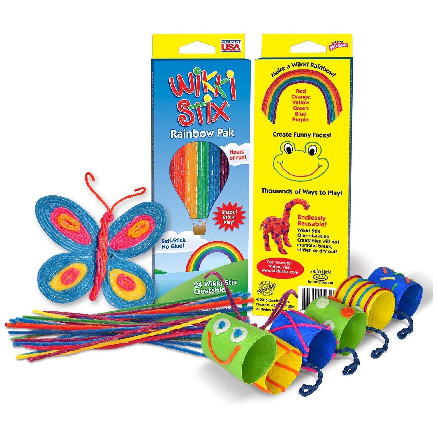 Wikki Stix Rainbow Pack with 24 colorful 8-inch sticks, perfect for creative, non-toxic, reusable fun and learning.