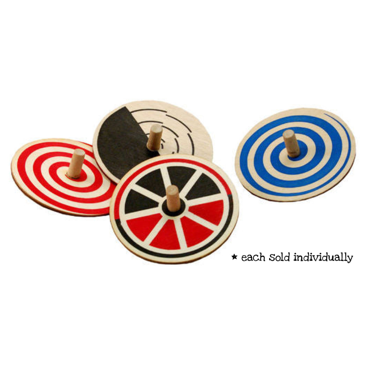 Four Whirlygig Top wooden spinning tops with colorful optical illusion patterns in red, blue, black, and white designs.