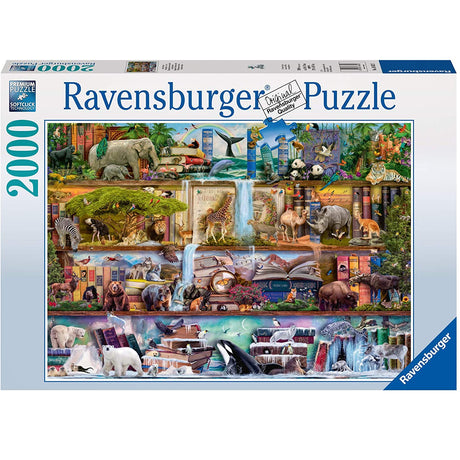 2000pc Wild Kingdom Shelves Puzzle by Ravensburger featuring detailed wildlife scenes on stacked books.