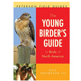 Cover of The Young Birder's Guide showing a hawk perched and a child birdwatching with binoculars.